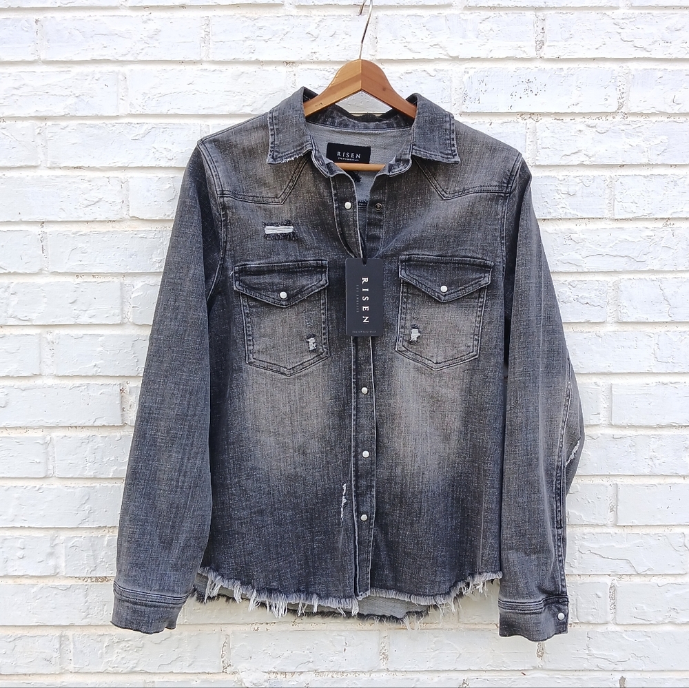 Risen Jeans Charcoal Frayed Hem Pearl Snap Western Shirt